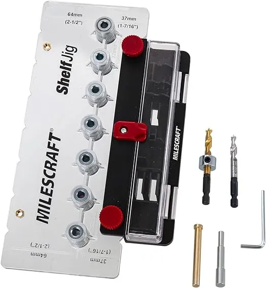 Milescraft 1343 Shelf Jig – Create ¼ in. and 5mm Shelf Pin Holes for Cabinets. Standard 32mm Spacing. Shelf Pin Jig includes Two Drill Bits