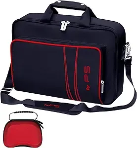 Gaming Console Carrying Case,Compatible with PS5 or PS5 Slim,Travel Carrying Bag for Game Controller and Accessories,Included Controller Protective Box (Black-Red)