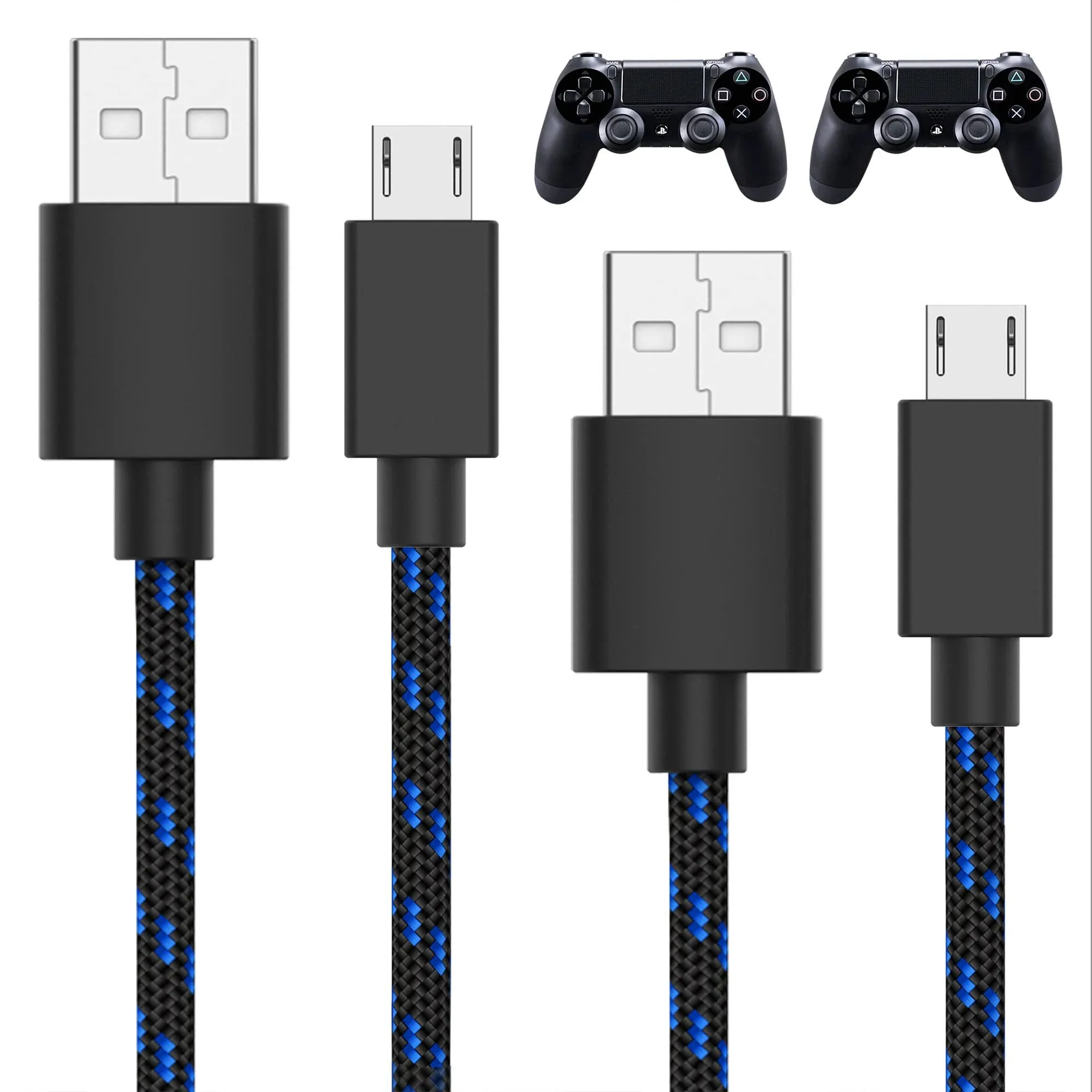 TalkWorks Long Controller Charging Cable for PlayStation 4-10-Foot Long Braided Micro USB Cord Charger Cord for PS4 Controller - Blue-Black, 2 Pack