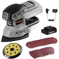 WORKSITE 20V MAX Cordless Random Orbital Sander & Detail Sander, Multi-Purpose Hand Sander w/2.0A Battery & Charger, 20pcs Sanding Discs, Dust Collector and Mouse Pad