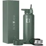 IRON °FLASK Camping & Hiking Hydration Flask with 3 Lids - Stainless Steel, Double Walled & Vacuum Insulated Water Bottle - Leak Proof & BPA Free (Sage, Straw - 40 oz)