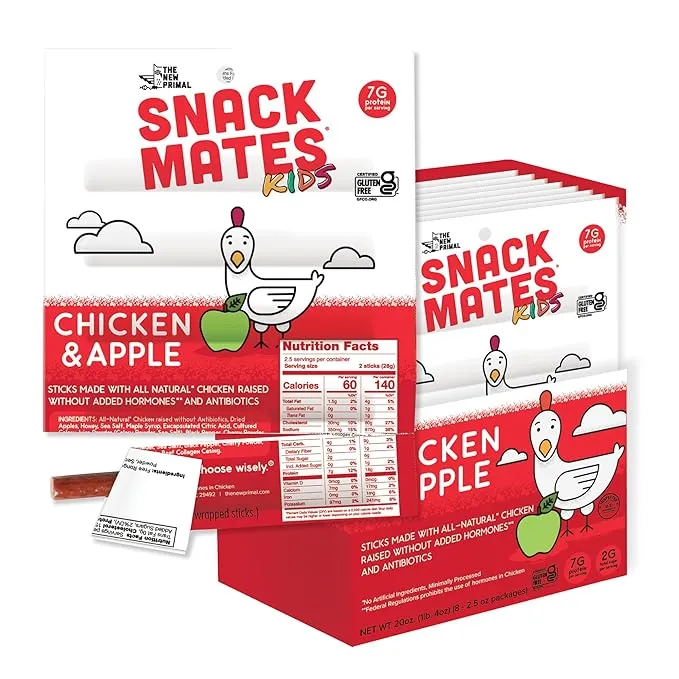 The New Primal Snack Mates Chicken & Apple Sticks, Gluten Free Healthy Snacks for Kids, Low Sugar High Protein Back to School Snacks, Mini Paleo Jerky Meat Stick, 7g Protein, 60 Calories, 40 Pack