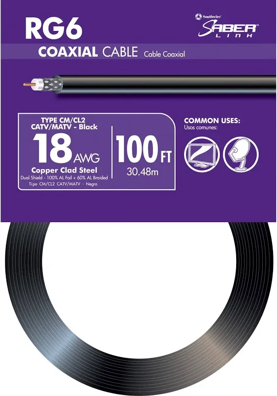 Southwire 56918243 100' Black 18 Gauge RG6 Coax Cable