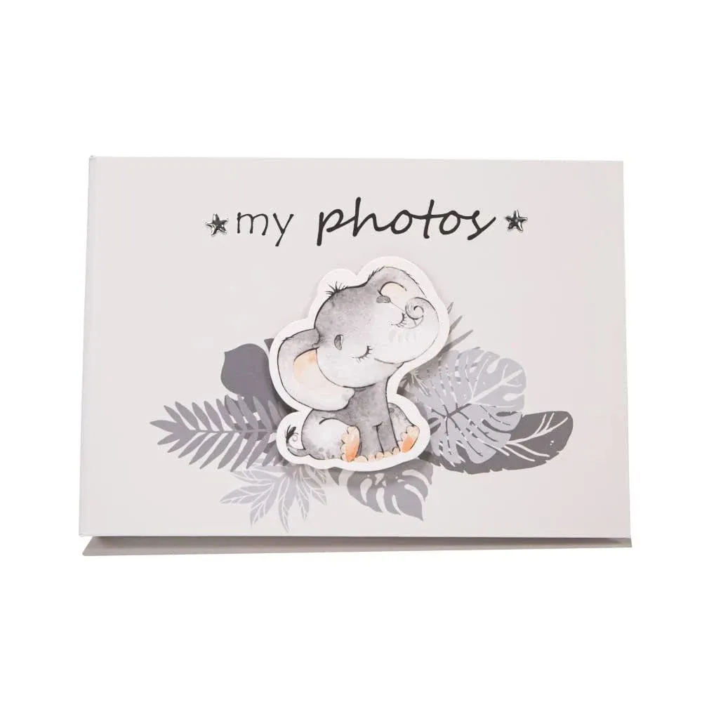 Cute Baby Elephant Grey Photo Album with Silver Stars and Palm Leaves | New B...