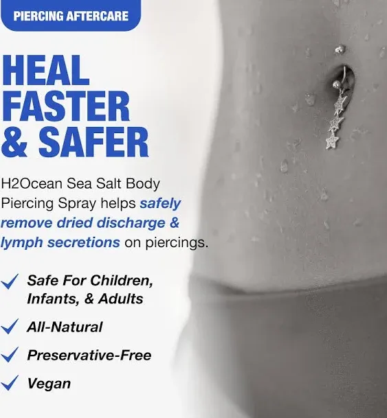 H2Ocean Sea Salt Body Piercing Spray - Saline Piercing Spray for Piercings & Body Modifications - Drug-, Preservative- & GMO-Free Vegan Piercing Aftercare - 6 oz