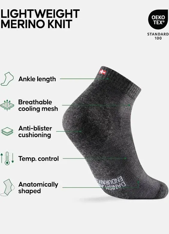 DANISH ENDURANCE 3 Low Cut Outdoor Hiking Socks in Merino Wool, Women & Men, 3-Pack