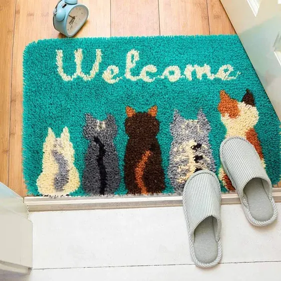 Latch Hook Kits for Adults - Cats Welcome Rug Kits 24X16 in, DIY Latch Hook Rug Kit, Cross Stitch Rug Making Kit, Carpet Making Crochet Kits