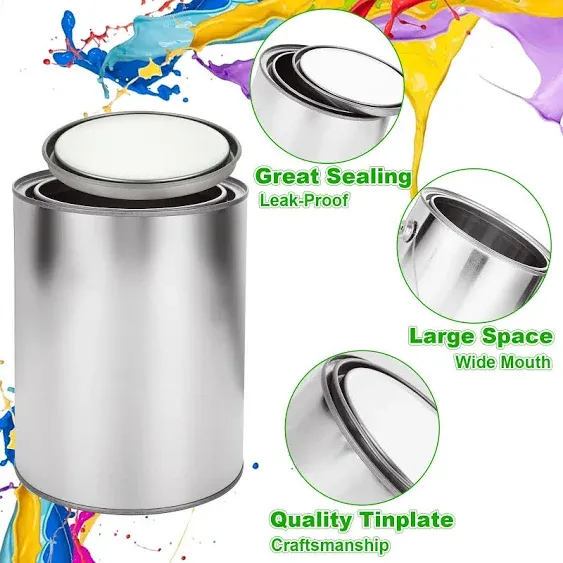 4 Pack Empty Paint Cans with Lids 1 Gallon Paint Can with Lids & Handles (2) + 2 Quart Paint Cans with Lids (2) Metal Paint Pail Unlined Paint Bucket for Painting Varnish Pigment Storage