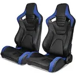 Reclinable Pair Racing Seat + Dual Sliders PU&amp;Carbon Leather Blue Stripe