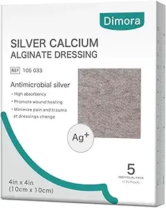 Dimora Ag Silver Calcium Alginate Wound Dressing Pads, 4'' x 4'' Patches, 5 Individual Pack, Highly Absorbent Dressing, Non-Stick Sterile Gauze