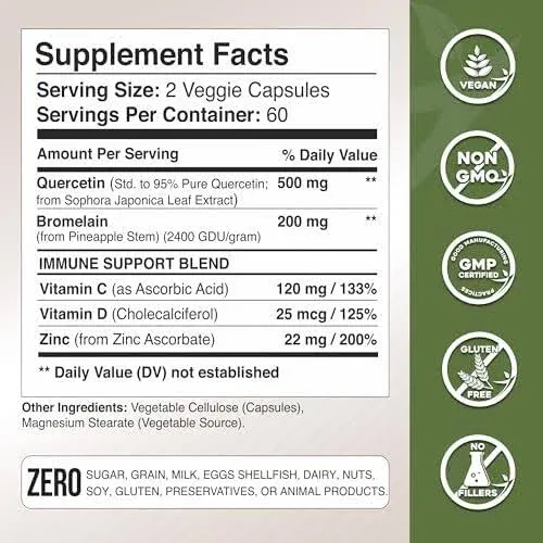 Quercetin with Vitamin C and Zinc Quercetin 500mg Quercetin with Bromelain