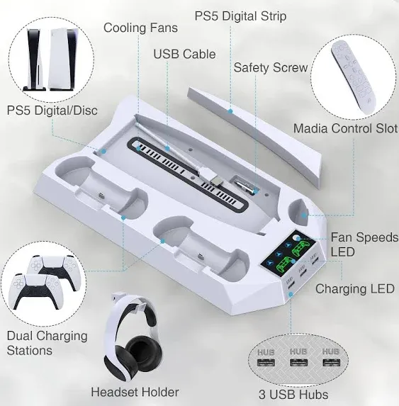 CYKOARMOR PS5 Stand and Cooling Station with Dual Controller Charging Station for ...