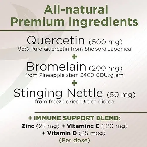 Quercetin with Vitamin C and Zinc - Nettle Quercetin - Quercetin 500mg - Quercetin with Bromelain - Zinc Quercetin + Vitamin D3 - 120 Veggie Caps - (Non-GMO, Gluten-Free, Vegan) - 2 Month Supply