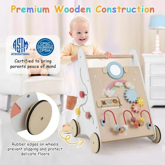 Costway Wooden Baby Walker with Multiple Activities Center