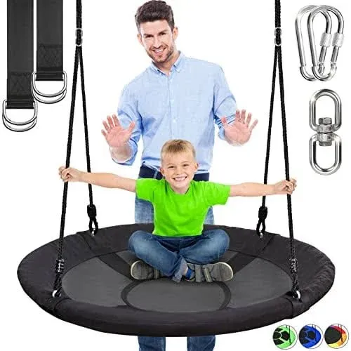 SereneLife Saucer Swing with Hang Kit, Outdoor Tree Swing with Swivel Spinner for Kids (Black)