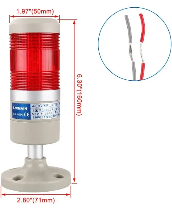 Baomain Industrial Signal Light Column LED Alarm Round Tower Light Indicator Continuous Light LGP-502T Warning Light Red AC 110V