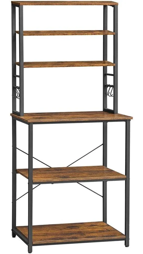 Baker's Rack, Microwave Oven Stand, 6 Hooks, 15.7 x 23.6 x 65.7 Inches, Rustic Brown