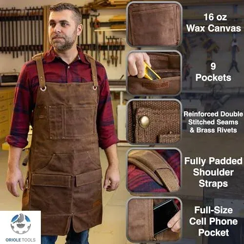 Heavy Duty Shop Apron Woodworking Apron for Sizes M-XXL Water-Resistant 16 Oz Waxed Brown Canvas