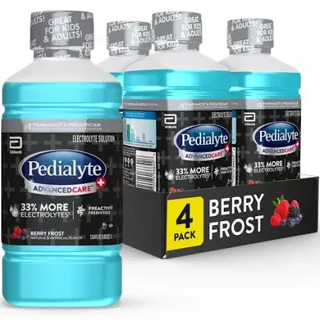 Pedialyte Advancedcare Plus Electrolyte Drink, 1 Liter, 4 Count, with 33% More electrolytes & Has Preactiv Prebiotics, Berry Frost, 33.8 Fl Oz (Pack of 4)