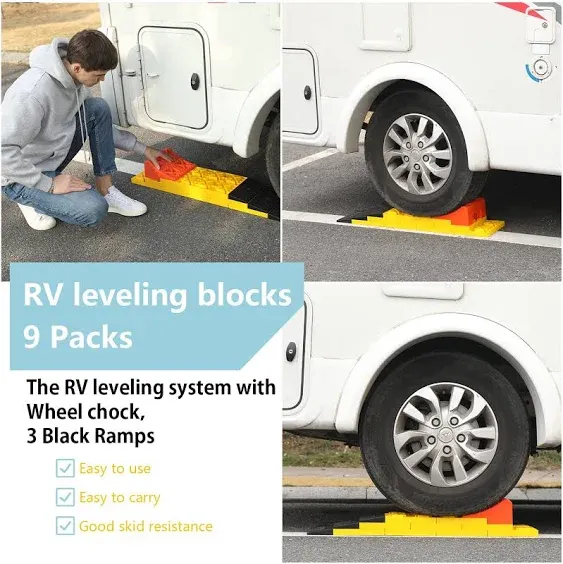 Homeon Wheels RV Leveling Blocks Ramp Design 9 Pack Interlocking Leveling Blocks with One Wheel Chock Camper Leveling Blocks with Carrying Bag...