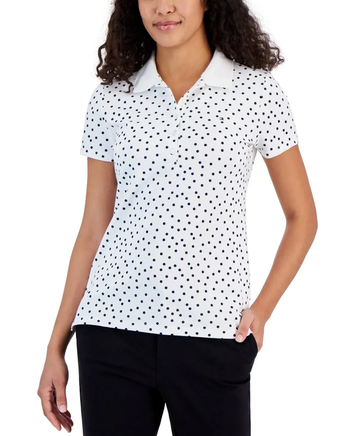 Tommy Hilfiger Women's Dot Print Quarter Button Polo Top