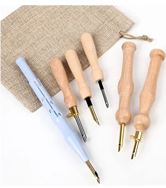 6 Piece Embroidery Punch Needle,Adjustable Wooden Handle Punch Needles Hooking Tool Kits Rug Embroidery Pens with Needle Threader for Embroidery Floss Craft Applique Embellishment Beginners