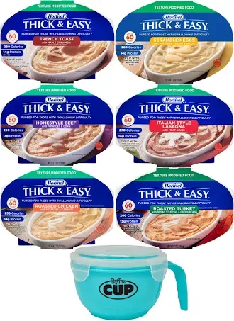 Hormel Thick & Easy Pureed Meals Variety, Scrambled Eggs, French Toast, Roasted Chicken, Beef, Lasagna, and Roasted Turkey with By The Cup Serving Bowl