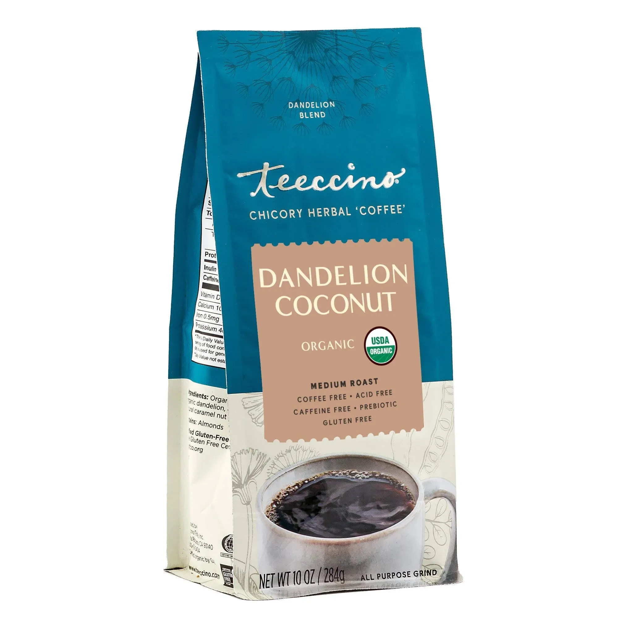 Teeccino Dandelion Coconut Herbal Coffee - Caffeine-Free Coffee Alternative with Prebiotics, Gluten Free, Acid Free - Medium Roast, 10 oz