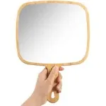 Yeake Hand Mirror,Extra Large Natural Bamboo Handheld Mirror with Handle, Single Sided Portable Travel Vanity Mirror for