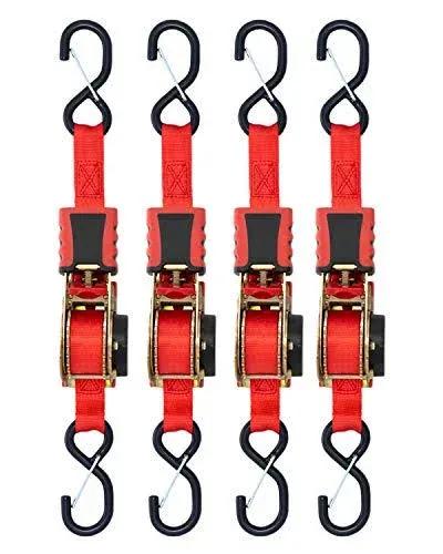 Strapinno 4pcs Retractable Ratchet Straps Bundle 1 in x 6 ft, Secure Tie-Downs with Rubber-Coated Steel Handles, S-Hooks & Durable Hardware for Daily Use with Breaking Strength - 1,500LBS/680KG Each