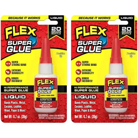 Flex Super Glue Liquid, 20 Gram Bottle, 2-Pack, Clear, Instant Bond, Quick Dry, Cyanoacrylate Adhesive, Precision Tip for Wood, Metal, Plastic, Crafts, Ceramic, and Toy Repairs