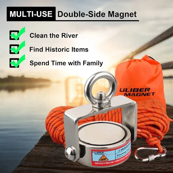 ULIBERMAGNET Strong Fishing Magnet Kit, Rotatable Neodymium Magnet Double Side Fishing Magnet with Rope, Combined 1200lbs Pulling Force for Salvaging,