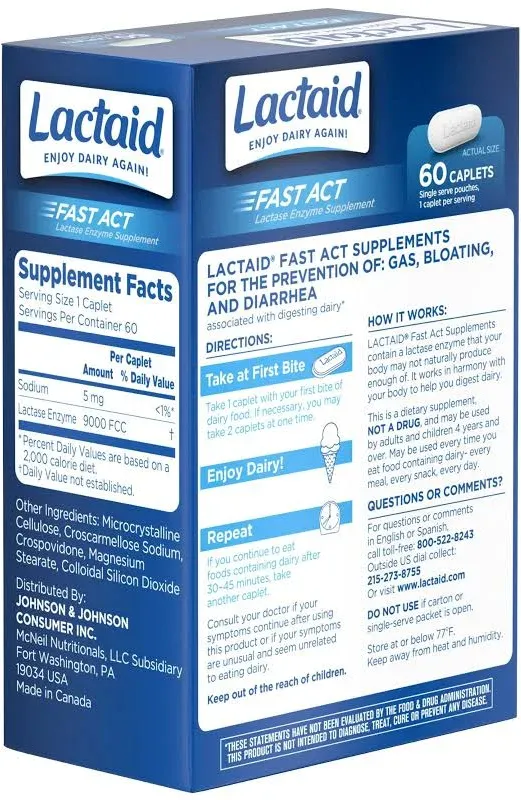 Lactaid Fast Act Lactose Intolerance Relief Caplets, Lactase Enzyme to Prevent Gas, Bloating & Diarrhea Due to Lactose Sensitivity, Supplements for Travel & On-The-Go, 60 Packs of 1-ct.