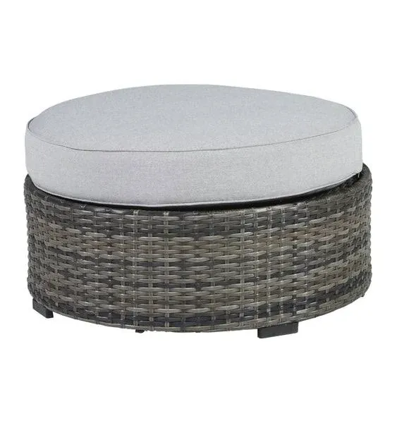 Signature Design by Ashley Outdoor Calworth Patio Wicker Ottoman with Cushion, Beige