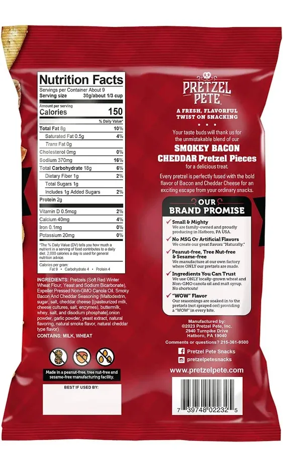 Pretzel Pete Smokey Bacon Cheddar Seasoned Pretzel Pieces, Non-GMO Ingredients, Small Batch, Bold Flavor, 9oz (3 Pack)