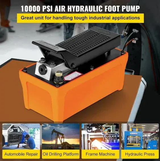 VEVOR Air Hydraulic Foot Pump 10000 PSI Air Treadle Foot Actuated Reservoir 1/2 Gal. for Auto Body Frame Machines Pulling Post QDJTSYYB000000001V0