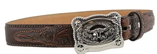 Nocona Western Boys Belt Youth Leather Floral Longhorn Star Brown N4428602