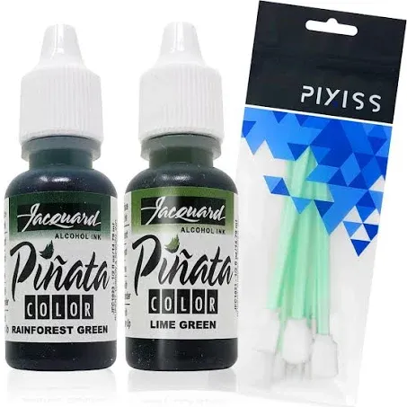 Jacquard Pinata Alcohol Inks Greens Bundle, Lime Green and Rainforest Green and 10x Pixiss Ink Blending Tools