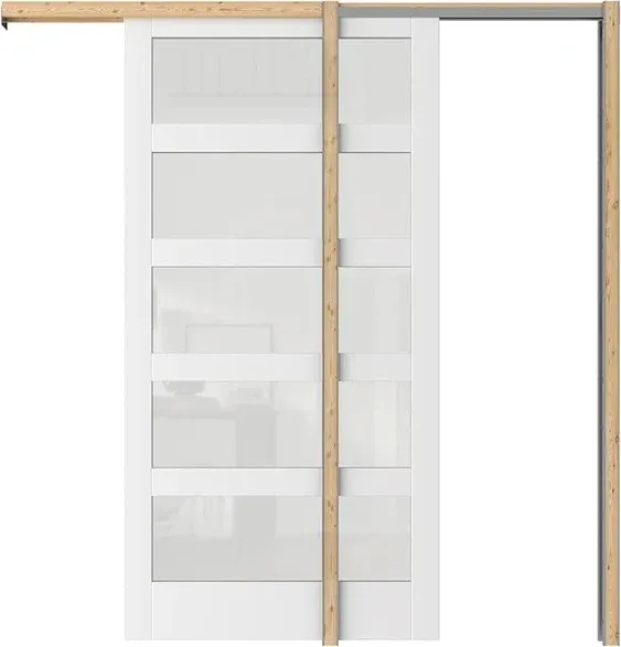 Sliding Pocket Door 30" x 80", 5 Lites Tempered Frosted Glass Panel with Frame and Hardware Kit Set, Interior & Closet Single Door Slab, White Primed - Panel Assembly Needed