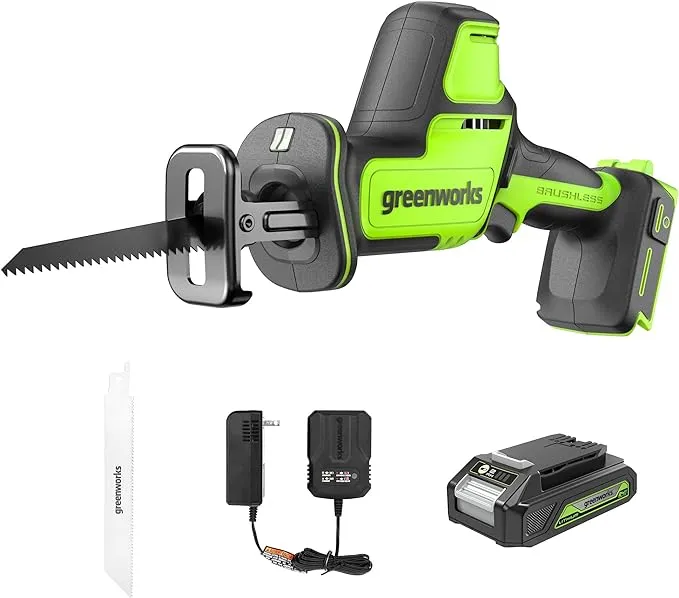 Greenworks 24V Brushless 1" Compact One-Handed Reciprocating Saw (3,000 SPM), Cordless Powered Variable Speed Recip Saw, 2.0Ah Battery and Compact Charger Included,‎ RSG404