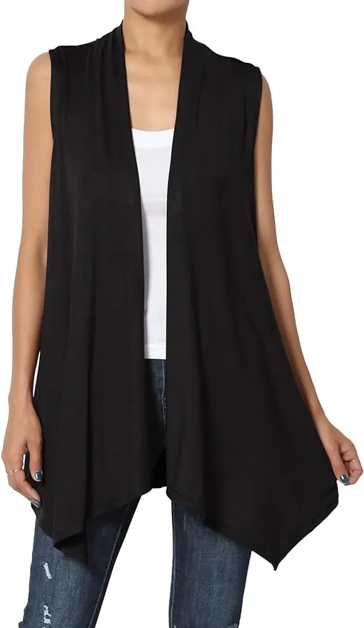 TheMogan Women's Long Vests Sleeveless Draped Lightweight Open Front Cardigan