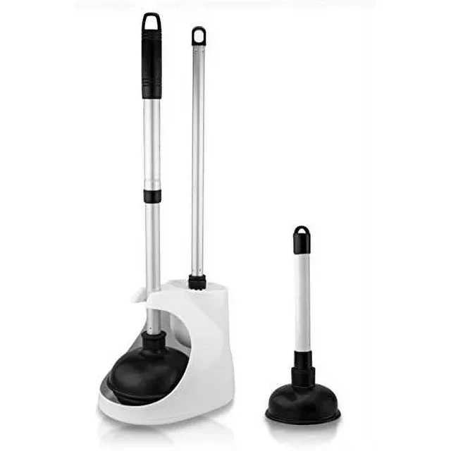 NEIKO 60168A Toilet Plunger Set, 4 Piece, Bonus Mini Sink & Drain Plunger, Toilet Bowl Brush & Caddy, Patented All-Angle Design, Telescopic Aluminum Handle, Bathroom Toilet Brush and Plunger Set