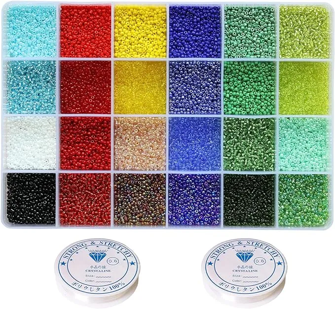 VOOMOLOVE 19600pcs 2mm Glass Seed Beads 24 Colors Small Beads Kit Bracelet Beads with 24-Grid Plastic Storage Box for Jewelry