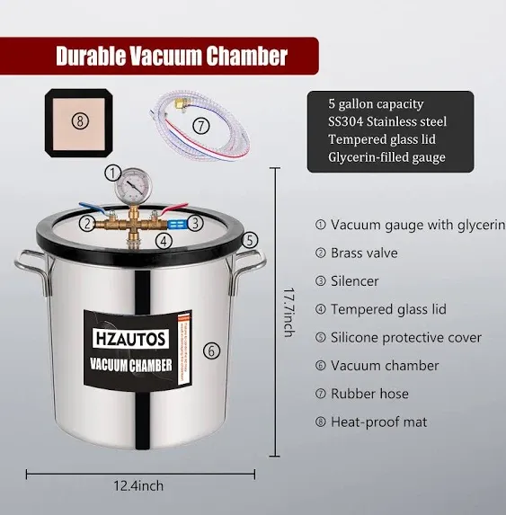 5 Gallon Tempered Glass Lid Vacuum Chamber with 4CFM 1 Stage Vacuum Pump for Stabilizing Wood, Degassing Silicones, Epoxies, Essential Oils, Without Oil