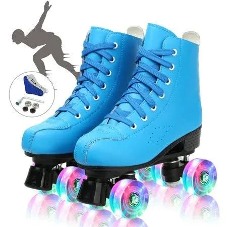 Eonroacoo Blue Roller Skates for Teen Kids Adult, Shiny Wheels Leather Double-Row Quad Skates(Women 8.5/Men 7)