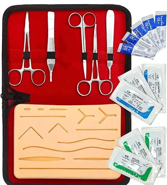 Medikits- Complete Suture Practice Kit for Suture Training, Including Large Silicone Suture Pad with Pre-Cut Wounds and Suture Tool kit (25 Pieces)(Demonstration and Education Use Only)