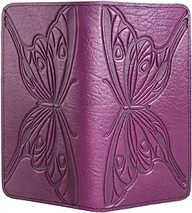 Oberon Design Butterfly Embossed Genuine Leather Checkbook Cover, 3.5x6.5 Inches, Orchid, Made in the USA