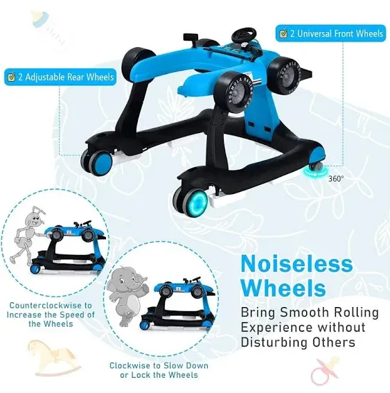 4-in-1 Baby Walker, Foldable Activity Walker w/Adjustable Height &amp; Speed, Music