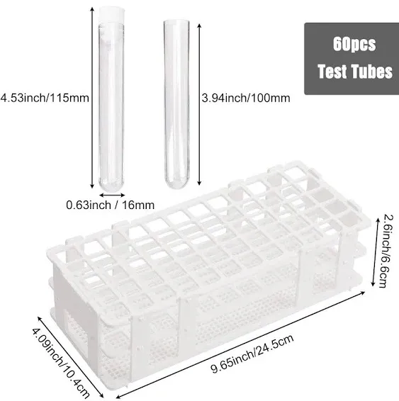 DEPEPE 60pcs Clear Plastic Test Tubes with Caps and Rack, 16 x 100mm, for Scientific Experiments, Beads Liquid Storage Containers, Scientific Theme Party Decorations