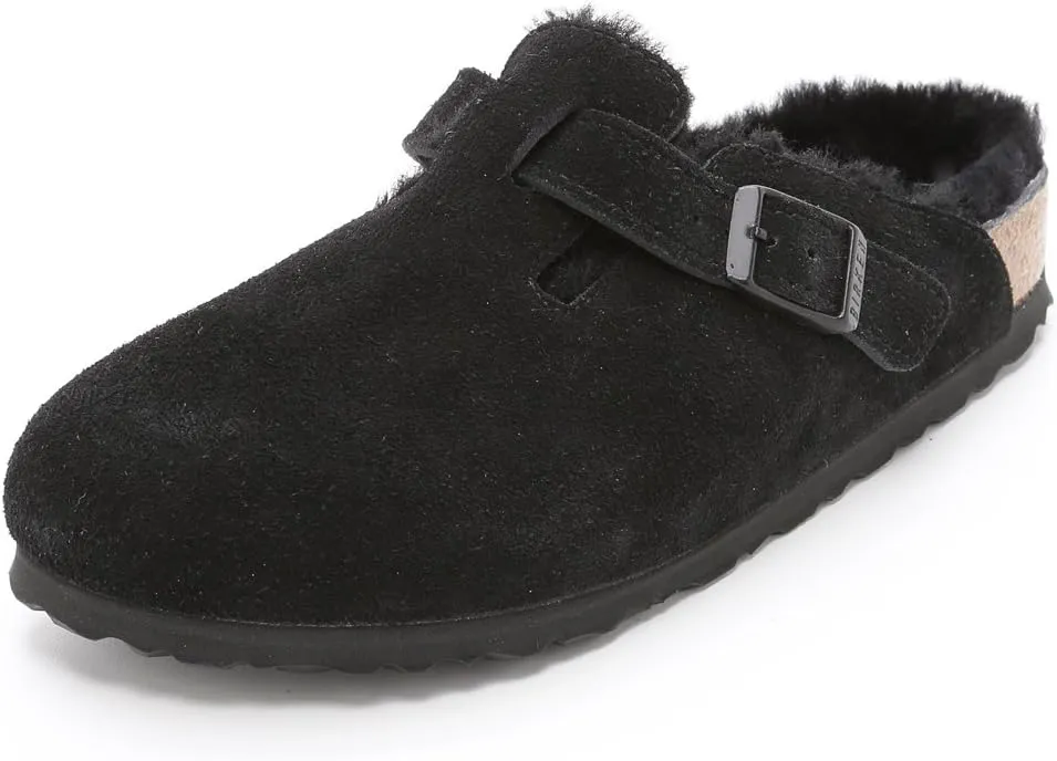 Birkenstock Boston Shearling - Suede (Unisex) (Black/Black Suede) Clog Shoes